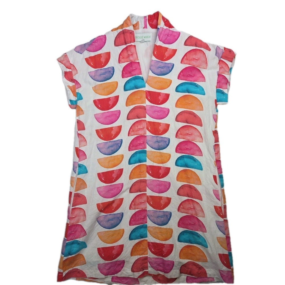 Brooke Wright Shift Dress Half Moon Print Linen Blend Size S Watercolor Pastel